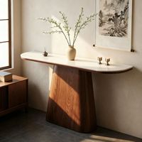 Table console moderne en marbre avec piétement sur colonne pour entrée de villa ou salon - Cadre en bois durable