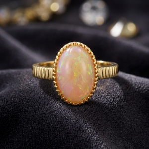 แหวนค็อกเทลโอปอลรูปไข่ ตัวเรือนทองคำเหลือง 14K แบบฝังขอบ สไตล์วินเทจ เครื่องประดับชั้นดีสำหรับผู้หญิง เหมาะสำหรับสวมใส่ทุกวัน - Product Image 2
