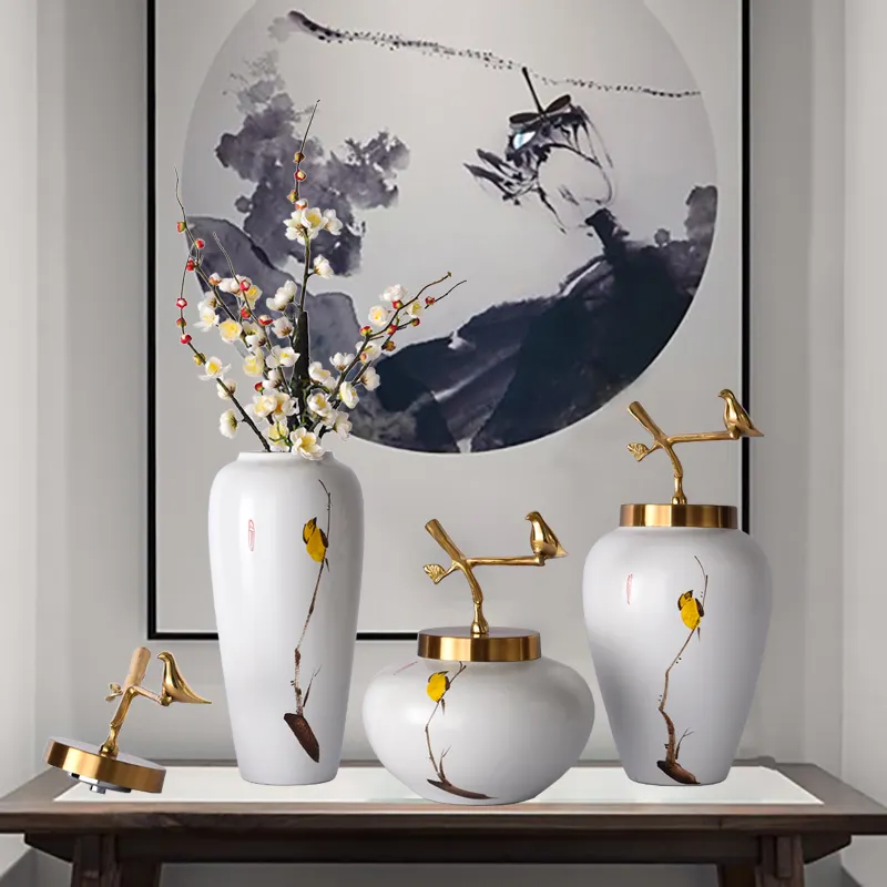 Jarrón de flores de cerámica y cobre vintage antiguo de estilo chino para decoración del hogar, Juego de 3