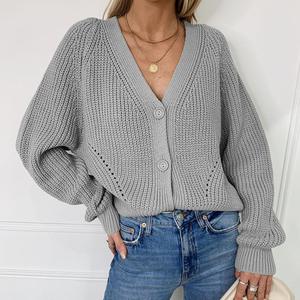 Pulls en nylon/<span class=keywords><strong>coton</strong></span> pour femmes, pulls en tricot à manches longues, amples, anti-froissage, respirants, décontractés, col en V, hauts unis, devant - Product Image 4