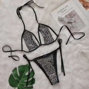 Maillot de bain bikini à sequins deux couleurs <span class=keywords><strong>sans</strong></span> rembourrage avec détails à nouer et effet scintillant pour femme - Product Image 2