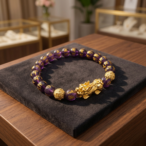 Bracelet unisexe artisanal en améthyste sculptée Pixiu pour la richesse et la prospérité, porte-bonheur et protection - Product Image 1