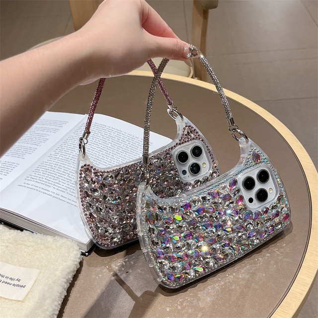 Luxury Diamond Glitter Phone Bag Case with Wrist Strap Chain for iPhone 17 Pro Max Sparkle Bling Rhinestone Mobile Phone Cover