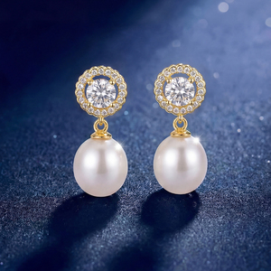 S925 <b>Silver</b> Gold Plated Round CZ Halo Freshwater Pearl Drop Earrings Elegant Jewelry Gift for Women Brides - Product Image 5