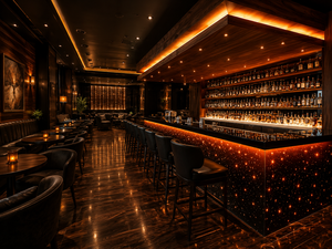 Diseño Interior de Bar de Whisky de Lujo, Mueble de Whisky Personalizado en Madera de Nogal y Cuero, Solución Integral para Lounge de Cócteles - Product Image 1