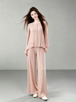 Ensemble tailleur plissé 2 pièces assorti uni pour femme : Cardigan à col boutonné, manches longues et ourlet asymétrique, et pantalon taille haute à jambes larges