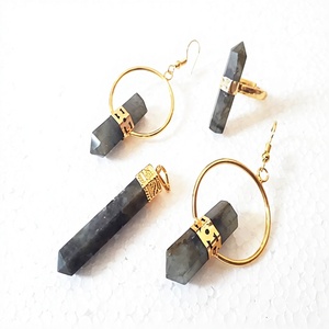 Wholesale Fashion Pendants & Charms Natural Gemstone Crystal Set Labrodolite Pencil Point Pendant in Golden <b>Healing</b> Pendant Sale - Product Image 1