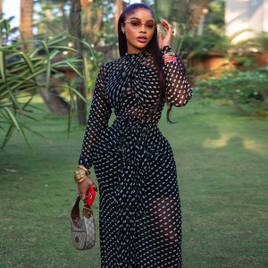 Abito Lungo Stile Europeo-Americano con Stampa a Pois, Vita Avvolgente, Collo Alto e Maniche Lunghe - Product Image 4