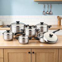 Ensemble de 12 ustensiles de cuisine en acier inoxydable avec revêtement antiadhésif, compatible induction et gaz, comprenant une poêle, des casseroles et des marmites à soupe