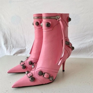 Botas De Cuero Mujer Estilo vaquero occidental Remache Tachonado Tobillo lateral Tacón alto Botas doradas y plateadas para damas - Product Image 5