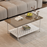 Table basse rectangulaire haut de gamme en verre trempé marron, style crème, double couche, avec rangement, pour petit appartement et salon