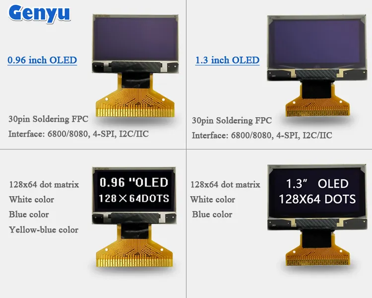 Genyu 0.42 / 0.69 / 0.91 / 1.3 / 1.54/2.23マイクロOLEDスクリーン128x64 Ssd1306OLEDスクリーン0.96インチOLEDディスプレイ
