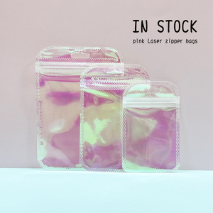 Tas Kemasan Holografik Merah Muda dengan Puff Bedak Aplikator Kosmetik Kantong Plastik Zip Lock - Product Image 4