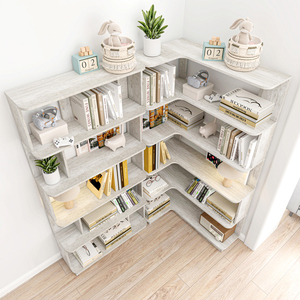 <b>Corner</b> Bookshelf Set Of 2 Light Grey 90 Cm Space Saving Extendable Display Shelf <b>Bookcase</b> Combination - Product Image 3