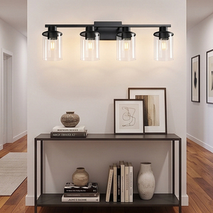 Lámpara de <span class=keywords><strong>Espejo</strong></span> de <span class=keywords><strong>Baño</strong></span> Negra de 4 Luces, Lámparas LED para <span class=keywords><strong>Espejo</strong></span>, <span class=keywords><strong>Luz</strong></span> de Vanidad con Pantallas Cilíndricas de Cristal Transparente, Aplique de Pared - Product Image 3