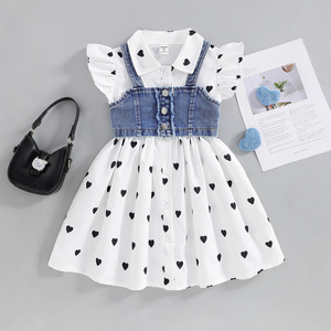Nouvelle robe de princesse à pois à manches courtes style européen et américain pour filles 2026 avec ensemble de gilet à bretelles en jean à franges - Product Image 1