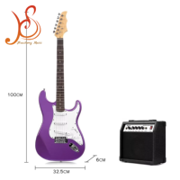 Huasheng Kit Gitar Listrik 39 Inci, Instrumen Musik Pemula Ukuran Penuh dengan Amplifier 25 Watt Ungu Metalik