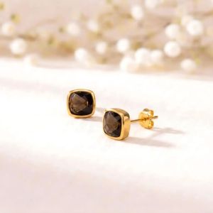 Classic Smoky Quartz Cushion Cut <b>Stud</b> Earrings Featuring Natural Faceted Brown Gemstone In 925 <b>Sterling</b> <b>Silver</b> Or 18K Gold - Product Image 4