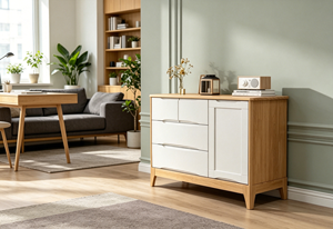 Armoire de rangement moderne en bois massif avec 3 tiroirs, porte à panneau plat, design scandinave pour l'entrée et le salon - Product Image 3