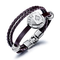 Bracelet en cuir tressé noir pour femmes, carte de Poker, paillettes, breloques perles, multi-brins, accessoire