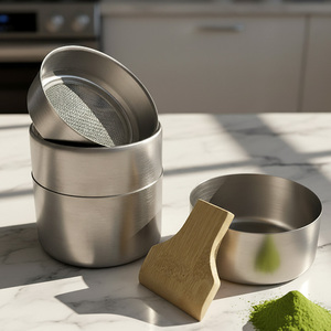 <span class=keywords><strong>150</strong></span> gramos logotipo personalizado 304 acero inoxidable redondo vacío tamiz Matcha contenedor con bambú Matcha polvo espátula - Product Image 6
