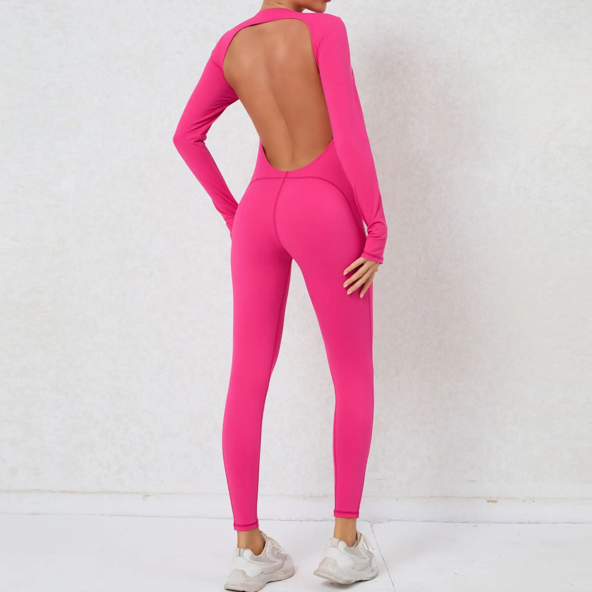 2024 Women Hollow Out Back Padded Jumpsuits Breathable Push Up Jumpers Leggings Long Sleeve Thumb Hole Bodysuits Workout Wear