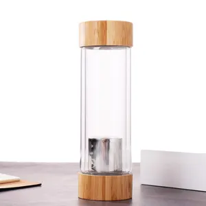 Custom Logo Double Wall Glass Bottle Water With Two Bamboo Lid 400ml and Tea Infuser Bottle