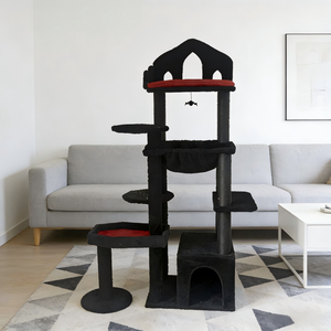 Arbre à chat moderne de luxe en MDF noir à plusieurs niveaux, avec poteau à grimper, <span class=keywords><strong>habitat</strong></span>, hamac, trou pour chat, tour pour chat, interactif d'intérieur - Product Image 1
