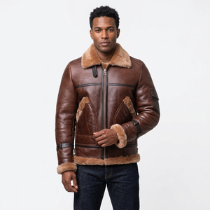 Veste en cuir véritable pour homme en cuir de vache et fourrure, manteau en peau de mouton brun, veste bomber B3, fermeture éclair, veste moto et motard - Product Image 1