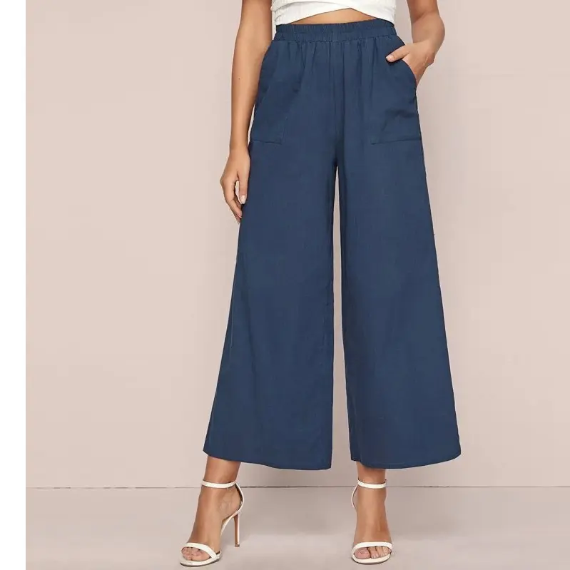 Pantalones palazzo de pierna ancha para mujer, Pantalón elástico de cintura alta, con bolsillos, 2020 algodón, para primavera y otoño, 100%