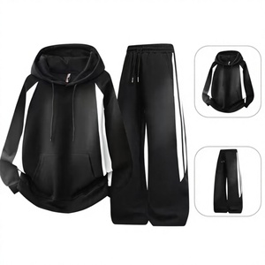 Men's Black Hooded Sweatshirt Set Color Blocking Casual Winter Wear Breathable Polyester Cotton French Terry Knitted Fabric - Product Image 1