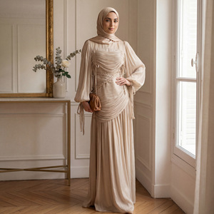 Elegante y Modesto Vestido Maxi Abaya Musulmán de Poliéster con Cuello en V, Manga Larga, Fruncido y Acampanado, Moldeador para Altas Temperaturas, Nueva Colección Primavera 2026 - Product Image 3