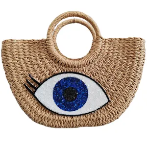 Custom Evil Eyes Straw New design customized high quality cheap eco-friendly fashion cord straw tote bag