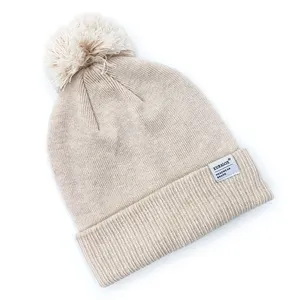 Custom Logo Premium Merino Wool Rib Knit Women Winter Beanie Hat With Pom Pom