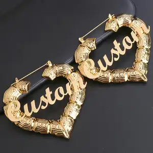 Personalized Shape Hoops Hoop Stainless Steel Gold Plated Custom Filled Large Name Plate Kids Wholesale Heart Bamboo Earrings