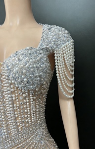 Robe de soirée formelle pour femmes, ornée de perles et de strass, dos nu en maille transparente, tendance - Product Image 4