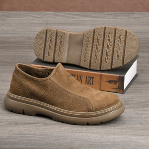 Chaussures décontractées pour hommes en cuir de vache véritable, à enfiler, bout rond, semelle extérieure en caoutchouc respirante, style marche, confortables et légères - Product Image 1