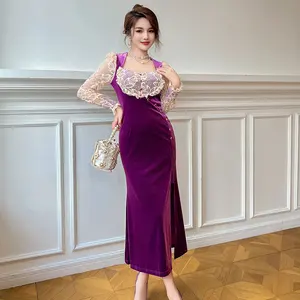 ZYHT 20985 Low MOQ Custom Luxurious Dresses 2024 Bodycon Long Classy Women Elegant Sexy Velvet Long Sleeve Dress
