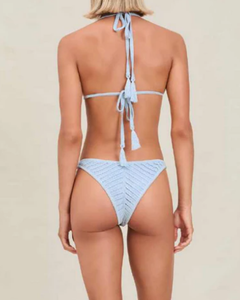 Conjunto de Bikini de Mujer al por Mayor OEM con Logotipo Personalizado, Hecho a Mano, de Ganchillo, con Diseño Chevron Calado, Halter, Triángulo, Borlas y Lazos en la Espalda, de Corte Alto - Product Image 2