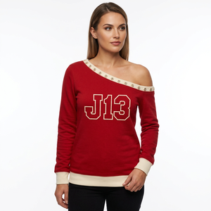 Custom Women's Red Asymmetric <b>Off</b>-<b>Shoulder</b> Fleece Knitted <b>Long</b> <b>Sleeve</b> Streetwear Winter Sweatshirt Casual Streetwear <b>Tops</b> - Product Image 2