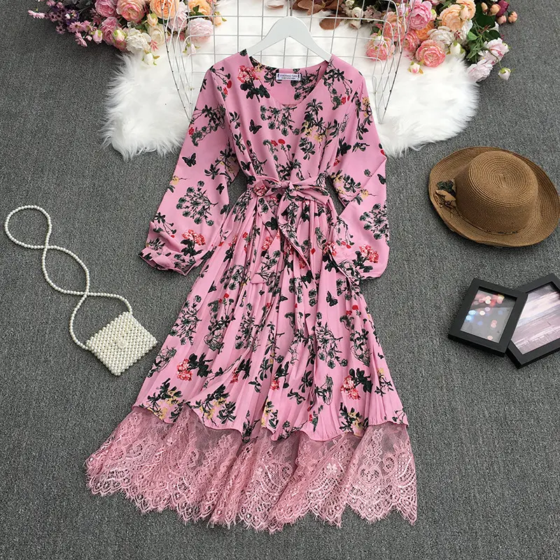 A Line Casual Dresses Ladies Regular Breathable Boho Pleated Dress Spring Autumn Floral Casual Dresses With Lace