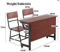 Ensemble pupitre et chaise double à hauteur fixe, table d'étude en bois avec 2 sièges, mobilier scolaire classique d'usine