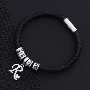 Personalized Engravable Leather Braided <b>Bracelet</b> with Customizable Stainless Steel Round Charm for <b>Men</b> | Choose Any Alphabet - Product Image 4