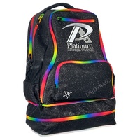 Sac de cheerleading noir avec fermetures éclair turquoise, logo de club personnalisé, strass AB, sac à dos personnalisé pour athlètes de cheerleading et de danse