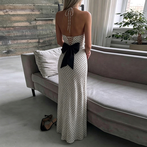 Robe longue de soirée pour femme, style français, à pois, col halter, dos nu, col en V, avec grand nœud, à lacets, coupe ajustée - Product Image 3