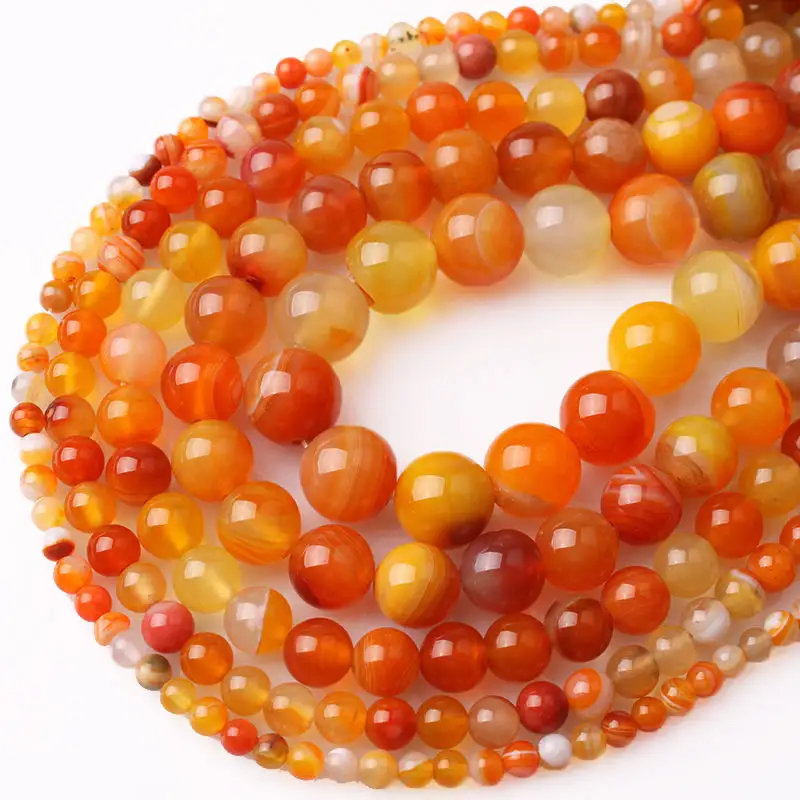 Halus Orange Merah Batu Akik Manik-manik Bulat Orange Alami Buram 4/6/8/10/12Mm Batu Mulia Bergaris Agate Beads untuk Perhiasan