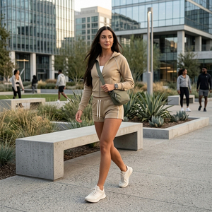 Ensemble de survêtement 2 pièces kaki tendance 2026 pour femme : sweat à capuche court zippé et short avec passepoil contrastant – Tenue athleisure de luxe - Product Image 4