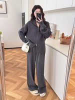 Ensemble confortable en tricot pour femmes col haut demi-fermeture éclair tricot côtelé ton neutre vêtements de détente à la mode vêtements d'extérieur tricots