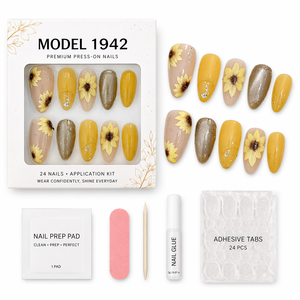 Faux ongles en amande faits à la main avec motifs floraux 3D brillants pour l'été - Product Image 2