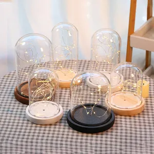 Grosir Ukuran Yang Berbeda Besar Display Bell Cloche Jar Kubah Kaca Bening Transparan dengan Lampu Led dan Dasar Kayu untuk Dekorasi Rumah